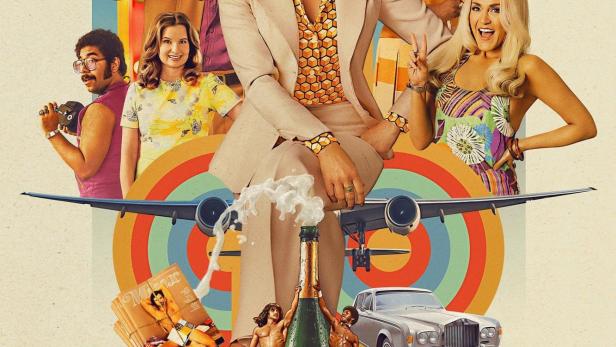 Das Poster für die Fernsehserie „Minx“ zeigt die Hauptdarsteller und Elemente der 1970er Jahre.