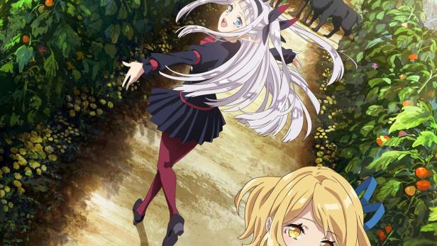 Anime-Szene mit einer blonden Frau mit Tomatenkorb und anderen Charakteren auf einem Bauernhof.