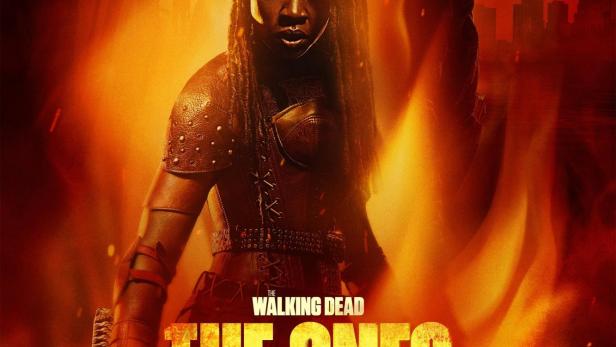 Das Poster für „The Walking Dead: The Ones Who Live“ zeigt Michonne und Rick Grimes vor einem orangefarbenen Hintergrund.