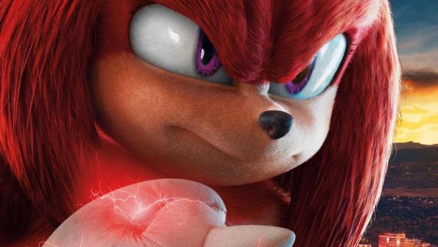 Das Filmplakat zu „Knuckles“ zeigt den roten Charakter vor einer Stadtkulisse.