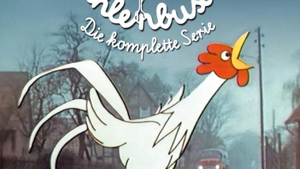 Cover der Zeichentrickserie „Neues aus Uhlenbusch“ mit einem Hahn im Vordergrund.