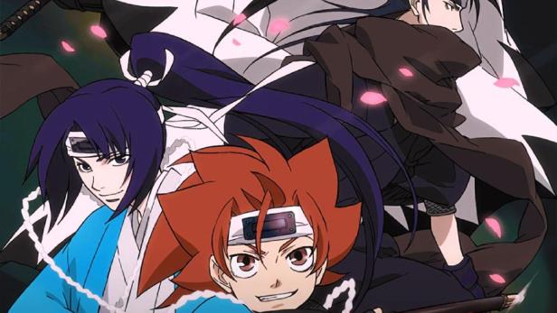 Das Anime-Poster für „Peace Maker Kurogane“ zeigt vier Charaktere mit Schwertern vor einem gelben Hintergrund.