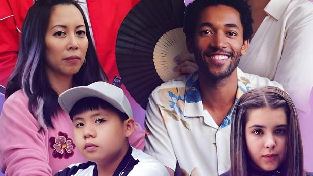 Das Poster für die Serie „Doppelhaushälfte“ zeigt die sechs Hauptdarsteller vor einem lila Hintergrund.