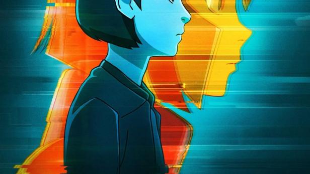 Das animierte Poster für „Pantheon“ zeigt ein junges Mädchen vor einem orangefarbenen, verzerrten Profil.