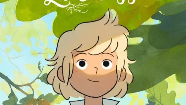Das animierte Filmplakat für „Tobie Lolness“ zeigt den jungen Protagonisten vor einem Eichenblatt.