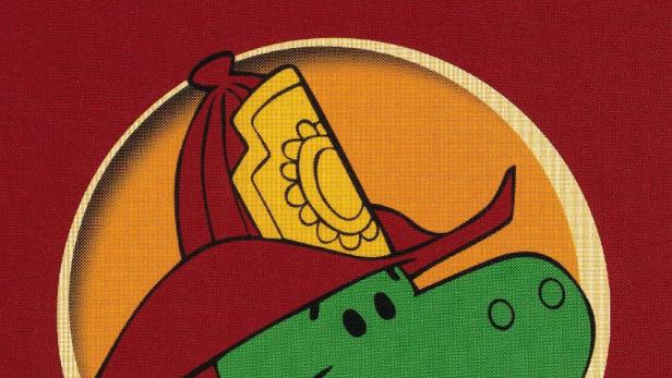 Ein grüner Drache mit Feuerwehrhelm und Wasserschlauch, genannt Grisu.