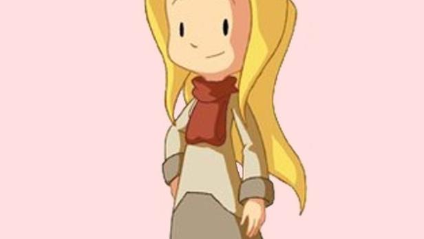 Die Comicfigur Lou mit blonden Haaren und einem roten Schal vor einem rosa Hintergrund.