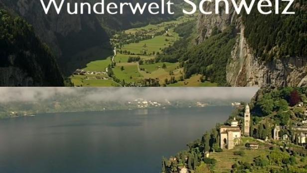 Die Schweizer Landschaft zeigt schneebedeckte Berge, ein grünes Tal, einen See und einen Wasserfall.