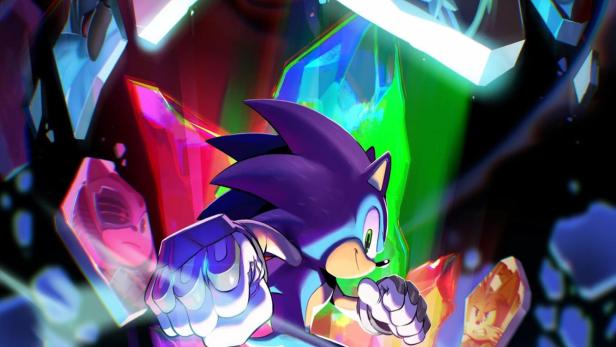 Sonic rennt vor einem Hintergrund aus schwebenden Kristallen und Charakteren aus „Sonic Prime“.