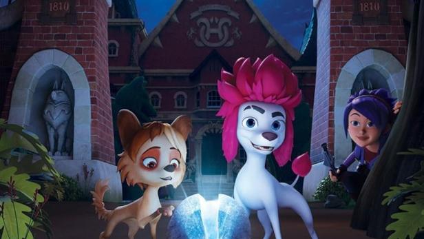 Szene aus dem Animationsfilm „100% Wolf: Die Legende des Mondsteins“ mit drei Charakteren vor einem Internat.