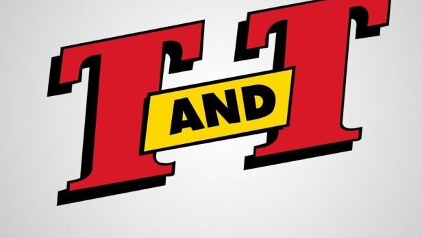 Das rote und gelbe „T and T“-Logo vor einem grauen Hintergrund.