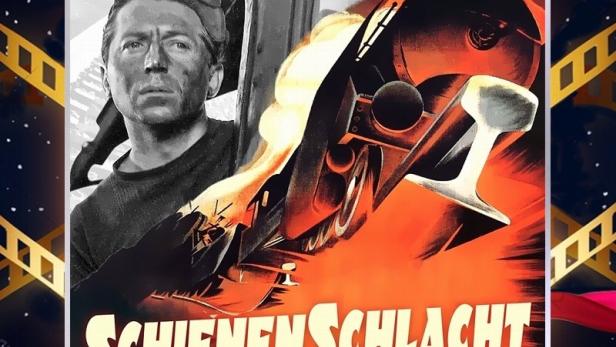Das Filmplakat für „Schienenschlacht“ zeigt einen französischen Eisenbahner im Kampf gegen die Deutsche Wehrmacht.