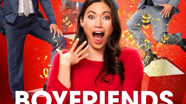 Das Filmplakat zu „Boyfriends of Christmas Past“ zeigt eine überraschte Frau und drei tanzende Männer vor rotem Hintergrund.