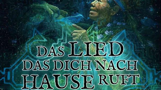 Ein Schamane mit Kopfschmuck und ein traditionelles Haus unter einem Sternenhimmel.