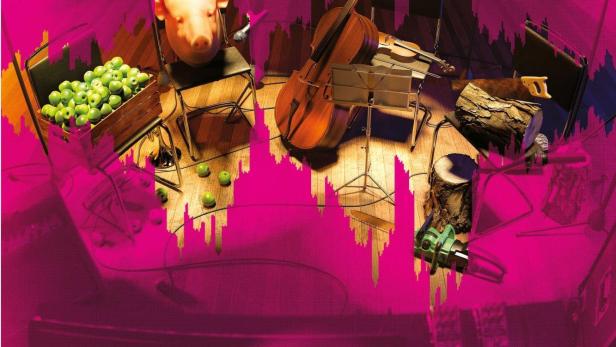 Das Poster für „A Symphony of Noise“ zeigt ein Cello, ein Klavier und einen Schweinekopf.