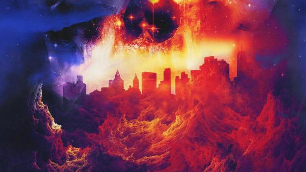 Das Cover von „V/H/S/99“ zeigt eine surreale Stadtlandschaft mit einem Totenkopf aus Kameraobjektiven.