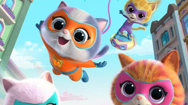 Das Poster für „SuperKitties“ von Disney Junior zeigt vier animierte Katzen in Superheldenkostümen vor einer Stadtkulisse.