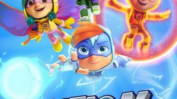 Das animierte „Action Pack“-Team posiert vor einem hellblauen Hintergrund.