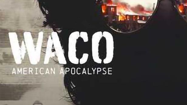 Das Filmplakat für „Waco: American Apocalypse“ zeigt eine brennende Siedlung in einer Sonnenbrille.