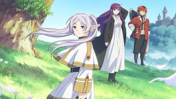 Das Anime-Poster für „Frieren: Nach dem Ende der Reise“ zeigt Frieren mit einer Reisegruppe vor einer Burg.