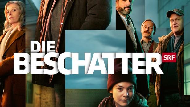 Das Filmplakat für „Die Beschatter“ zeigt die Hauptdarsteller vor einem urbanen Hintergrund.