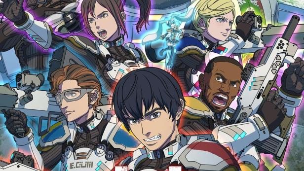 Das Anime-Poster für „Exception“ zeigt eine Gruppe von Weltraumkadetten und einen Mops vor einem fernen Planeten.