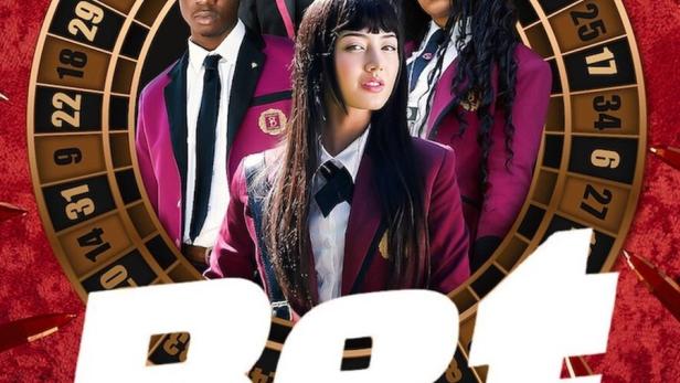 Das Poster für den Film „Bet“ zeigt eine Gruppe von Schülern vor einem Rouletterad und Schwertern.