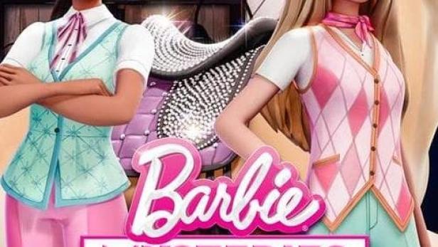 Das Cover von „Barbie Mysteries: The Great Horse Chase“ zeigt zwei animierte Mädchen und ein Pferd.