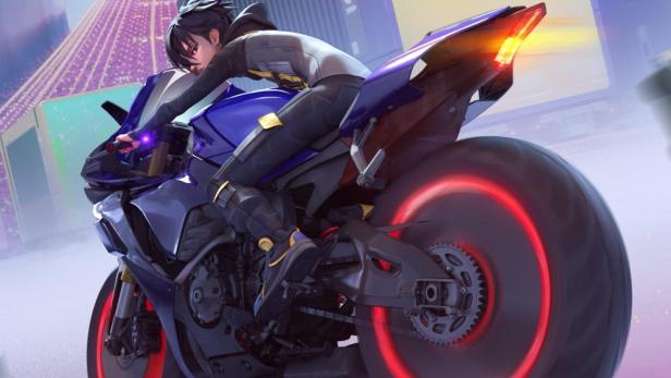 Ein Charakter auf einem futuristischen Motorrad, im Stil des Netflix-Anime „Tokyo Override“.