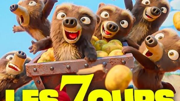 Das Filmplakat für „Les 7 Ours“ zeigt sieben Bären in einer Lore voller Kartoffeln, umgeben von Gartenzwergen.