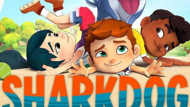 Das animierte Bild zeigt drei Kinder und einen Hai am Strand, mit dem Titel „Sharkdog“.