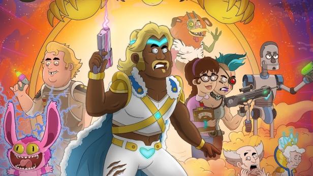 Das Poster für die Zeichentrickserie „Farzar“ zeigt den Protagonisten und sein Team vor einem Planeten.