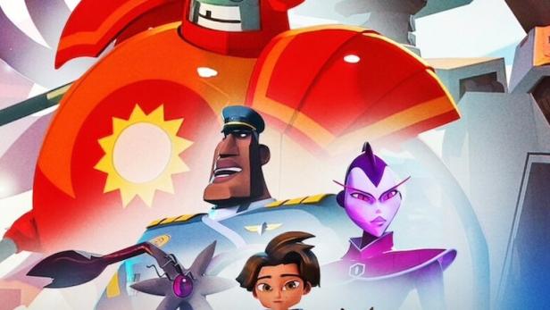 Das Poster für „Super Giant Robot Brothers!“ zeigt animierte Charaktere und Roboter.