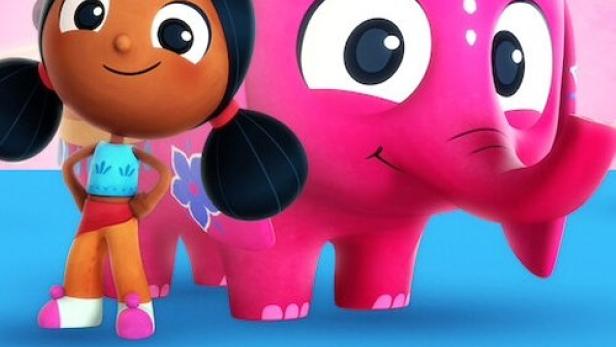 Die animierte Serie „Deepa und Anoop“ mit einem kleinen Mädchen und einem pinkfarbenen Elefanten.