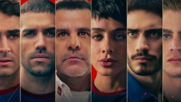 Das Filmplakat für „Donde Hubo Fuego“ zeigt sechs Personen vor einem roten Hintergrund.