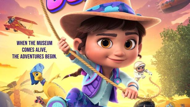 Das animierte Netflix-Poster für „Ridley Jones“ zeigt die Hauptfigur mit Museumsexponaten.