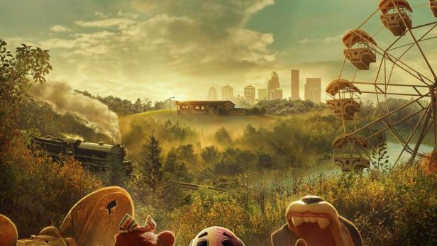 Das Filmplakat für „Lost Ollie“ zeigt Stofftiere vor einer nostalgischen Landschaft.