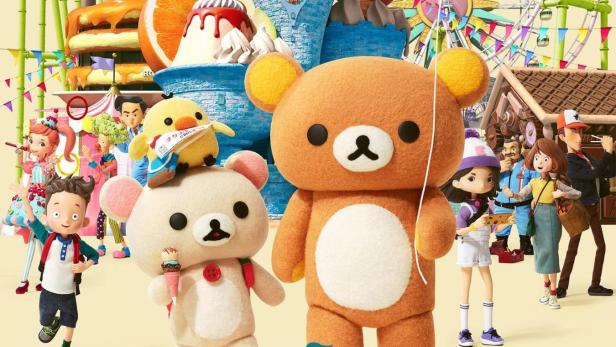 Eine Illustration von Rilakkuma und anderen Figuren in einem Vergnügungspark.