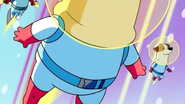 Drei Hunde tragen Raumanzüge und Helme im animierten Titelbild von „Dogs in Space“.