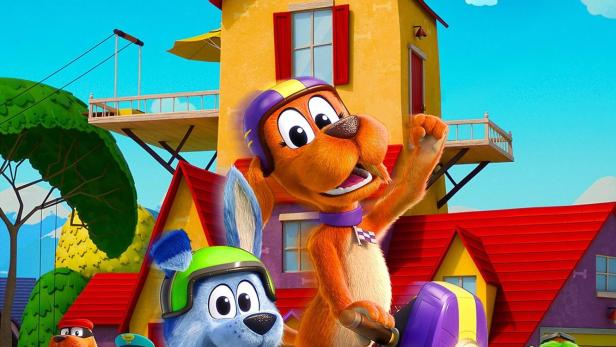 Das Poster für „Go, Dog. Go!“ zeigt animierte Hunde vor einem gelben Haus und einem Luftschiff.