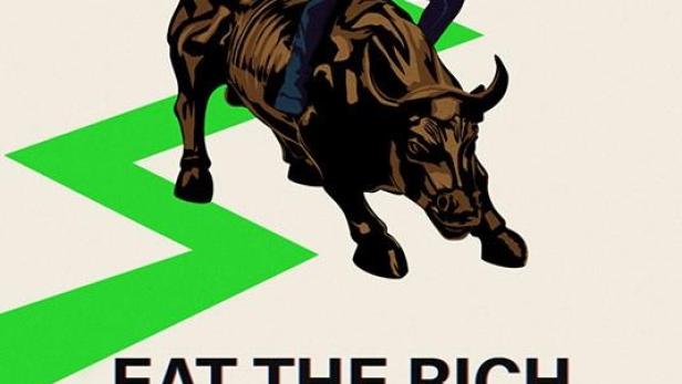 Ein Mann reitet auf einem Bullen vor einem grünen Pfeil, mit dem Schriftzug „Eat the Rich: The GameStop Saga“.