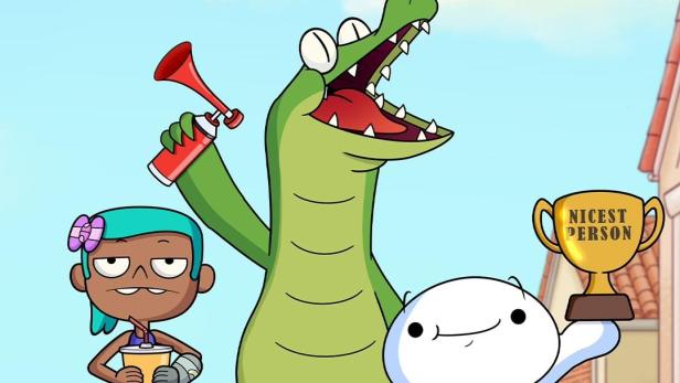 Das Titelbild der Zeichentrickserie „Oddballs“ zeigt drei Charaktere: ein Mädchen, ein Krokodil und eine weiße Figur mit einer Trophäe.