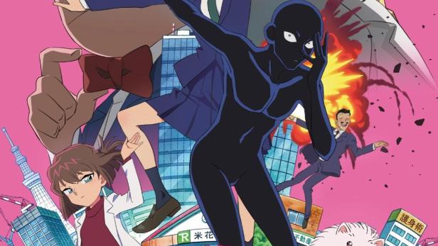 Ein Anime-Poster für „The Culprit Hanzawa“, ein Spin-off von „Detektiv Conan“, mit verschiedenen Charakteren vor einem rosa Hintergrund.