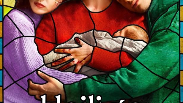 Das Poster für „Heilige Familie“ zeigt eine Frau mit zwei Jugendlichen und einem Baby im Stil eines Glasfensters.