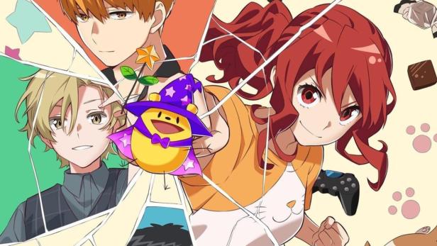 Ein Anime-Poster für „Romantic Killer“ mit einer rothaarigen Frau und drei jungen Männern.