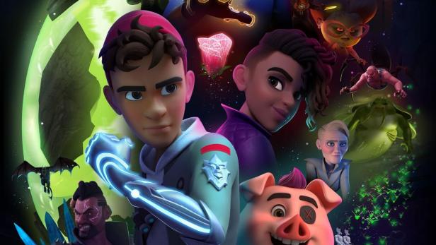 Das animierte Poster für „Daniel Spellbound“ zeigt eine Gruppe von Charakteren in einer magischen Welt.