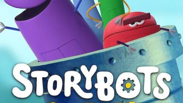Das Cover von „StoryBots Answer Time“ zeigt animierte, farbenfrohe Figuren in einem blauen Behälter.
