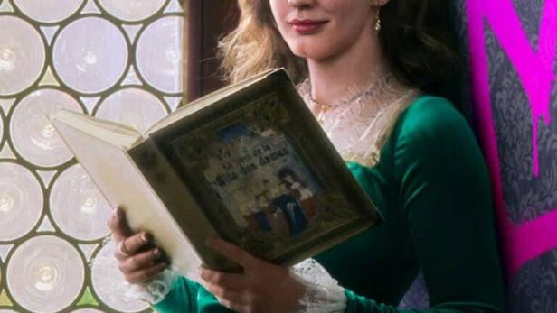 Eine Frau im grünen Kleid liest ein Buch vor einem Fenster.