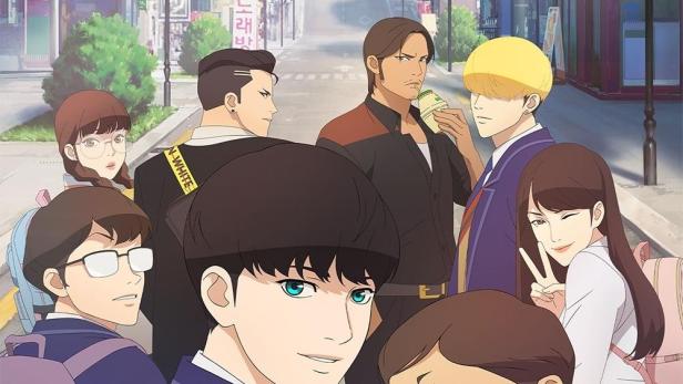 Eine Gruppe von Anime-Charakteren steht vor einer Stadtkulisse mit koreanischer Schrift im Vordergrund.