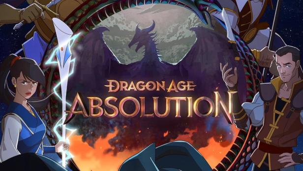 Das Poster für „Dragon Age: Absolution“ zeigt eine Gruppe von Charakteren vor einem Drachen und einer Stadtlandschaft.